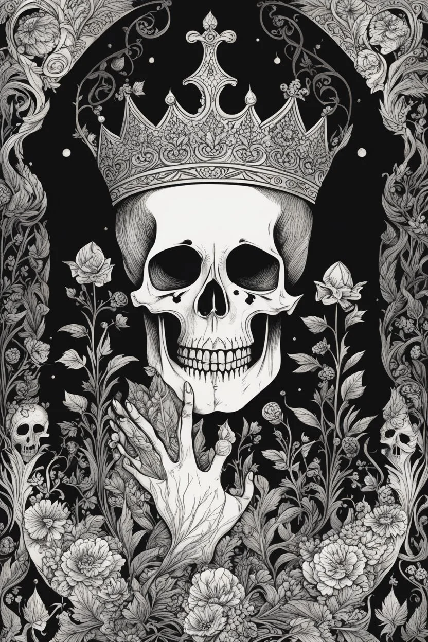 A shadowed hand holds a highly detailed, hand drawn skull, anatomically correct, with a crown hovering above, representation of Hamlet by John Austen, in the Aubrey Beardsley style, inspired by the gothic, macabre and fantastical, highly aesthetic, art nouveau design with striking black-and-white illustrations with hints of Red, Beardsleyesque, high quality, modern classical art, Hamlet Skull