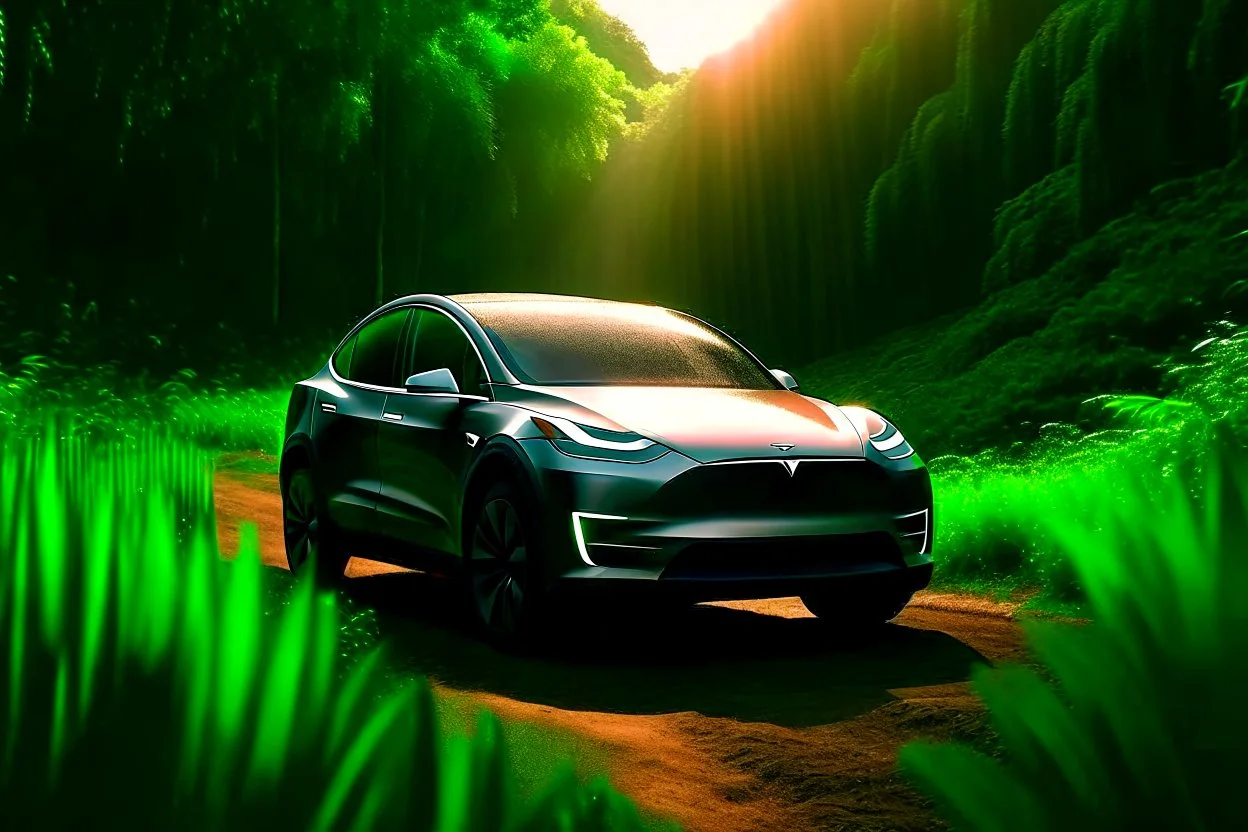 A Tesla's 'Model Y' is racing at top speed, across the 'Jurassic Park' jungle. CINEMATIC. WIDE ANGLE LENS. PHOTO REAL.
