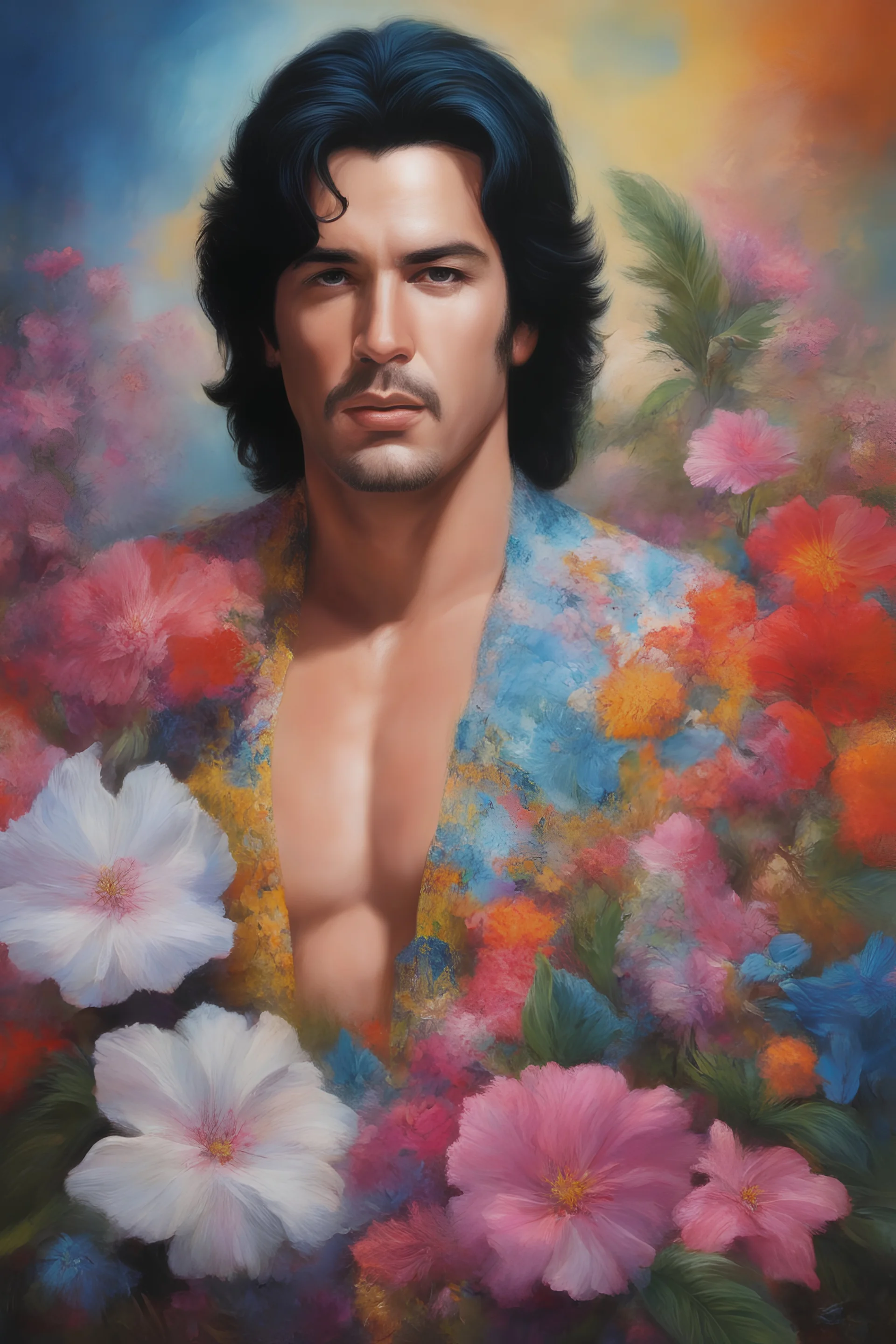 Paul Stanley/Elvis Presley/Keanu Reeves/Jon Bernthal, multicolored, large, floral designs, atmospheric, beautiful, oil painting by Boris Vallejo, 4k UHD, Photorealistic, professional quality