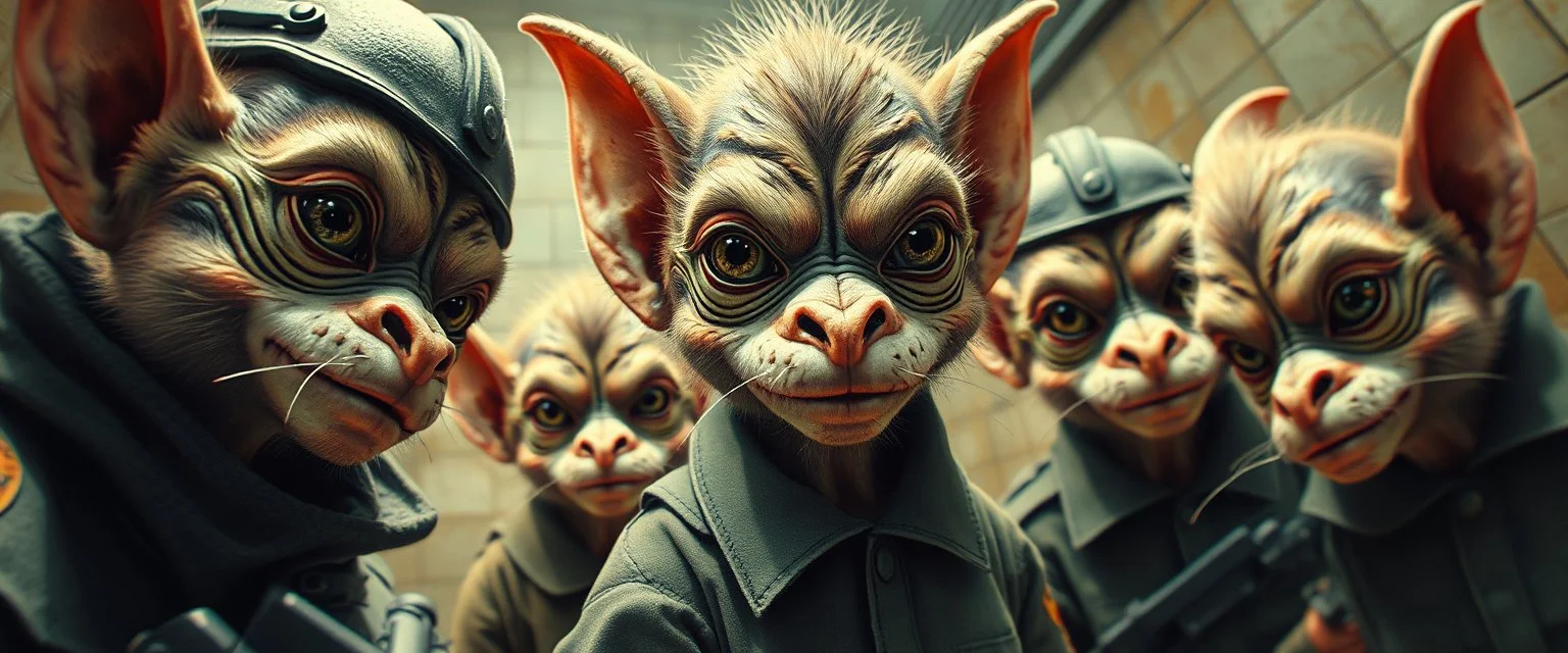 airbrush and pen outline, french art , extreme close up on cheeky fluffy weasel hairy goblin military prison guard troupe news anchor elf family scumbag in the style of Escher and Giger and Fallout 4, pinhole cam, airbrush 3d rendering