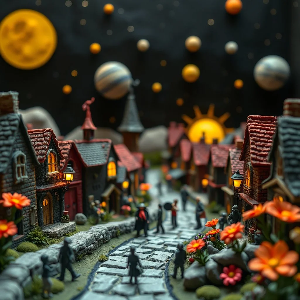 Detailed diorama, people, creepy street made of modeling clay and felt, village, stars, galaxy and planets, sun, volumetric light flowers, naïve, Tim Burton, strong texture, extreme detail, Yves Tanguy, decal, rich moody colors, sparkles, Harry Potter, bokeh, odd