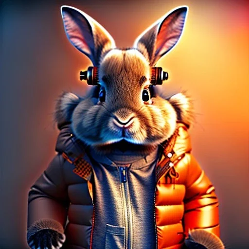 Rabbit toddler, smile, steampunk headphone, sunglass, gangsta neckless, full body, orange puffer jacket, tokio background, dramatic lighting, hyper realistic, unreal engine 5, 16k