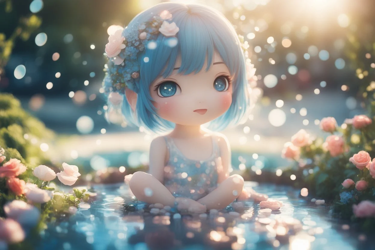 double exposure, only dots and pebbles, cute chibi anime girl, fountain, garden, forget me nots and roses in sunshine, backlit, ethereal, cinematic postprocessing, bokeh, dof