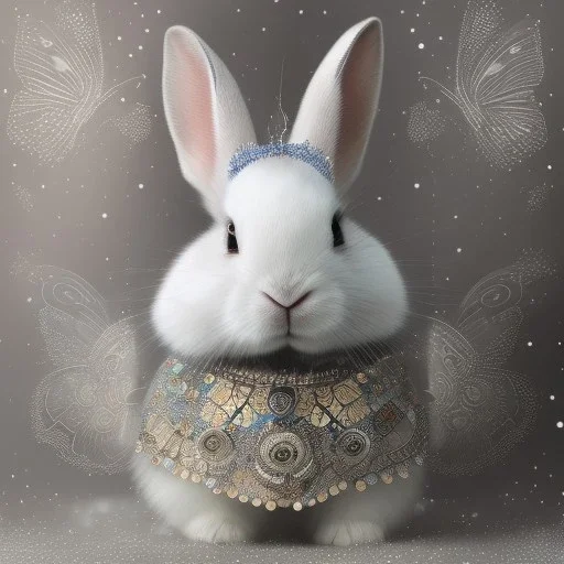 white platinum rabbit with blue third aye and butterfly wings, aboriginal, dot painting, indiginous, dot, mud, dream-time, abstract, dots, natural pigment, extremely sharp detail, finely tuned detail, ultra high definition, 8 k, unreal engine 5, ultra sharp focus, art germ and Paul Lewin and Kehinde Wiley, winter ambiance