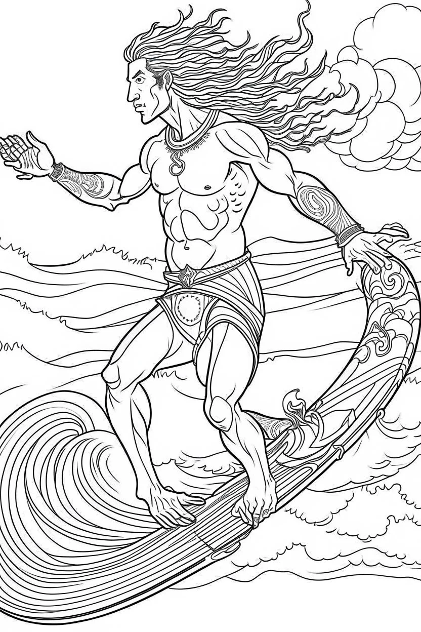 Outline art for coloring page OF A BUFF SURFER WITH LONG CURLY HAIR WITH HIS BACK TO US WEARING SHORTS RIDING A WAVE IN HAWAII, coloring page, white background, Sketch style, only use outline, clean line art, white background, no shadows, no shading, no color, clear