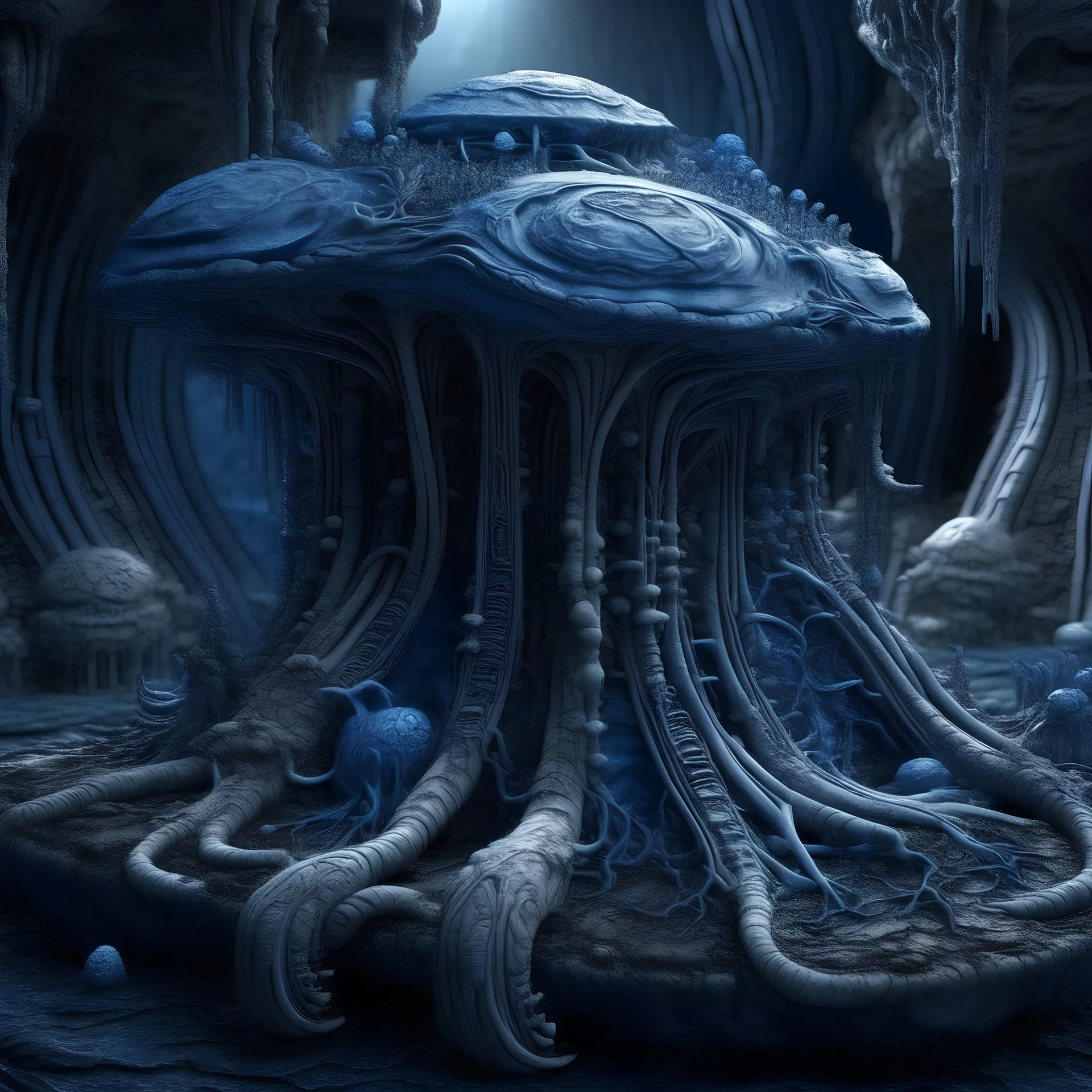 mycelium in the style of hr giger high detail blue