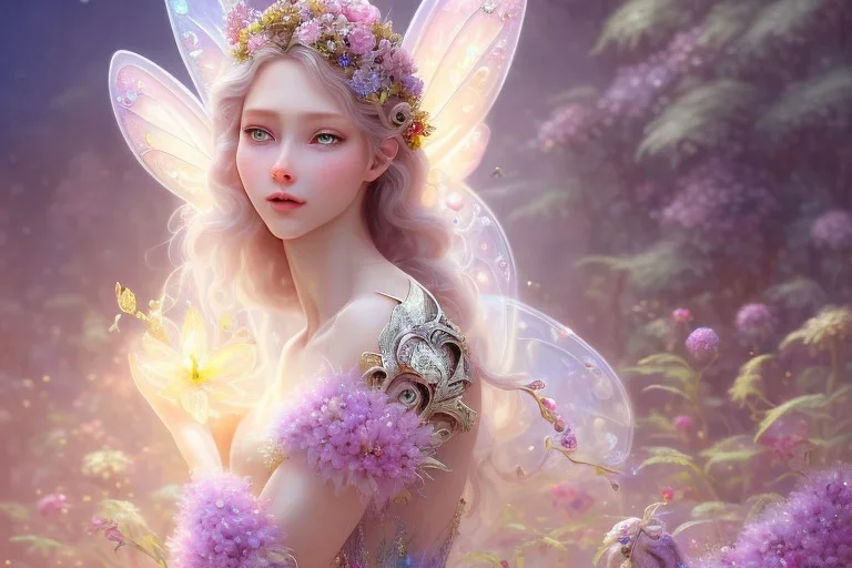 one very little beautiful fairy on a big crystal subtle flower in a galactic ambiance, transparent petals, delicate colors, in the foreground, full of details, smooth, bright sunshine，soft light atmosphere, light effect，vaporwave colorful, concept art, smooth, extremely sharp detail, finely tuned detail, ultra high definition, 8 k, unreal engine 5, ultra sharp focus