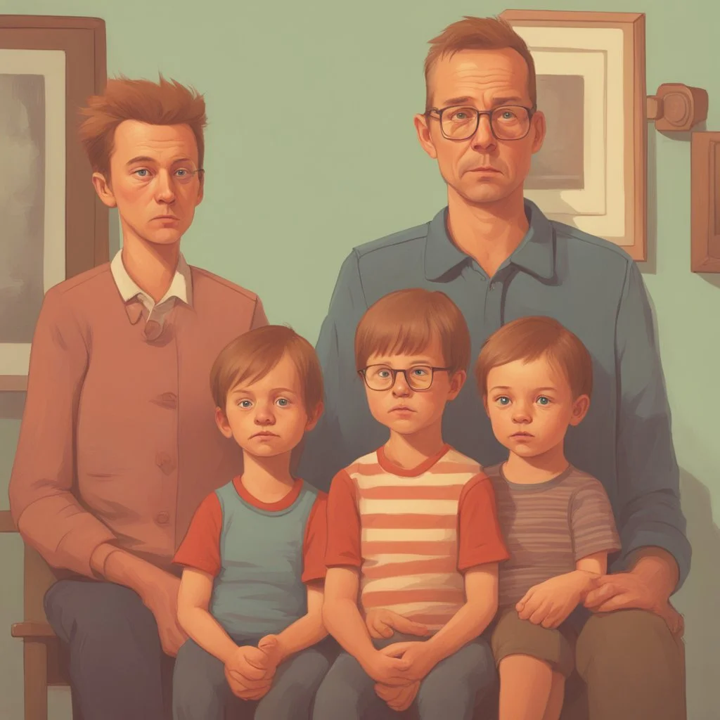 An awkward studio photo of a family, cartoon style Simon Stålenhag