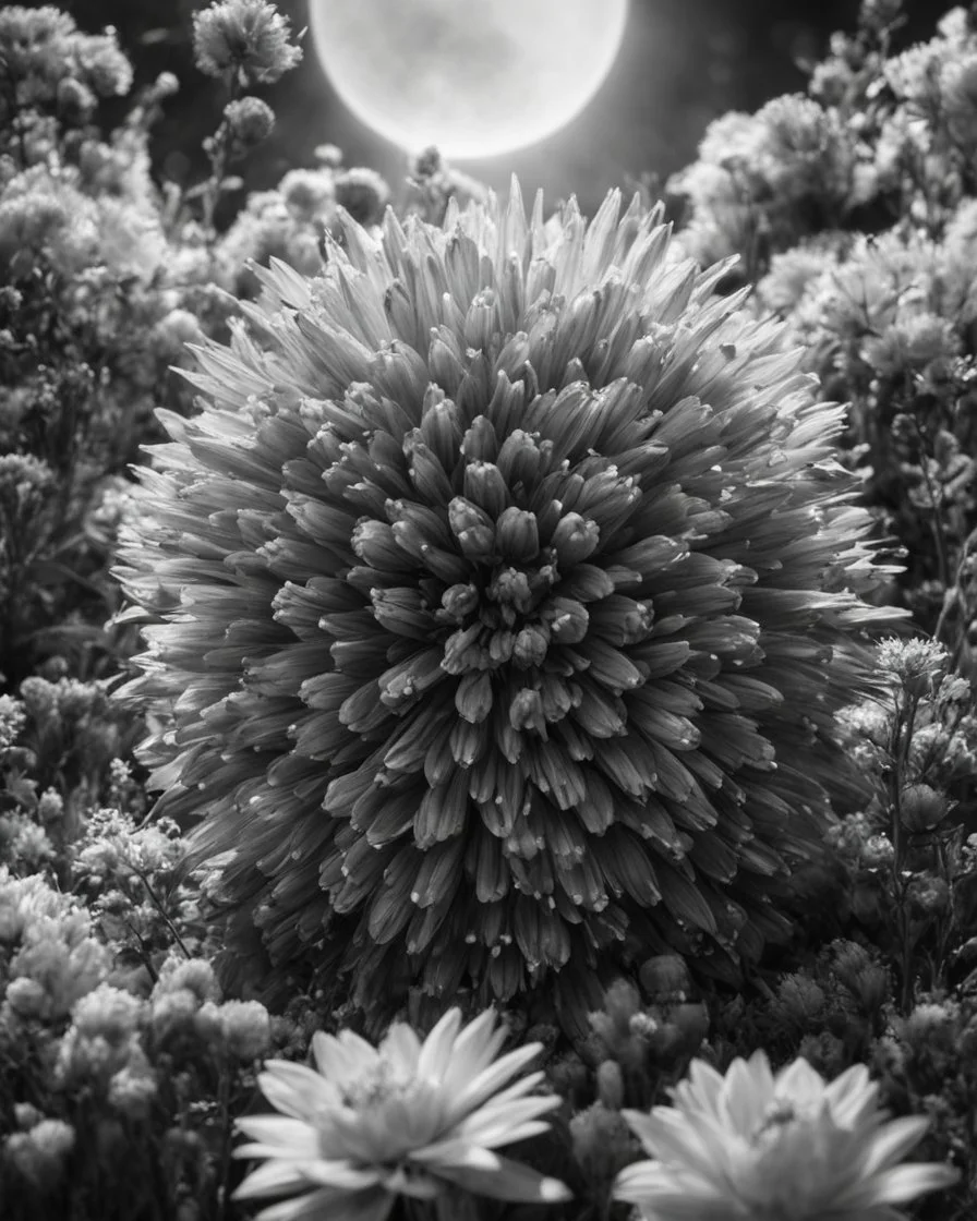 Atomic explosion made of flowers, ULTRA REALISTIC, B&W Photograph, cinematic, cinematic shot, dynamic composition, details, intricate detail, professional lighting, film lighting, 35mm, anamorphic, lightroom, cinematography, bokeh, lens flare, film grain, hdr10, 8k, Roger Deakins, incredibly detailed, reflect, sharpen