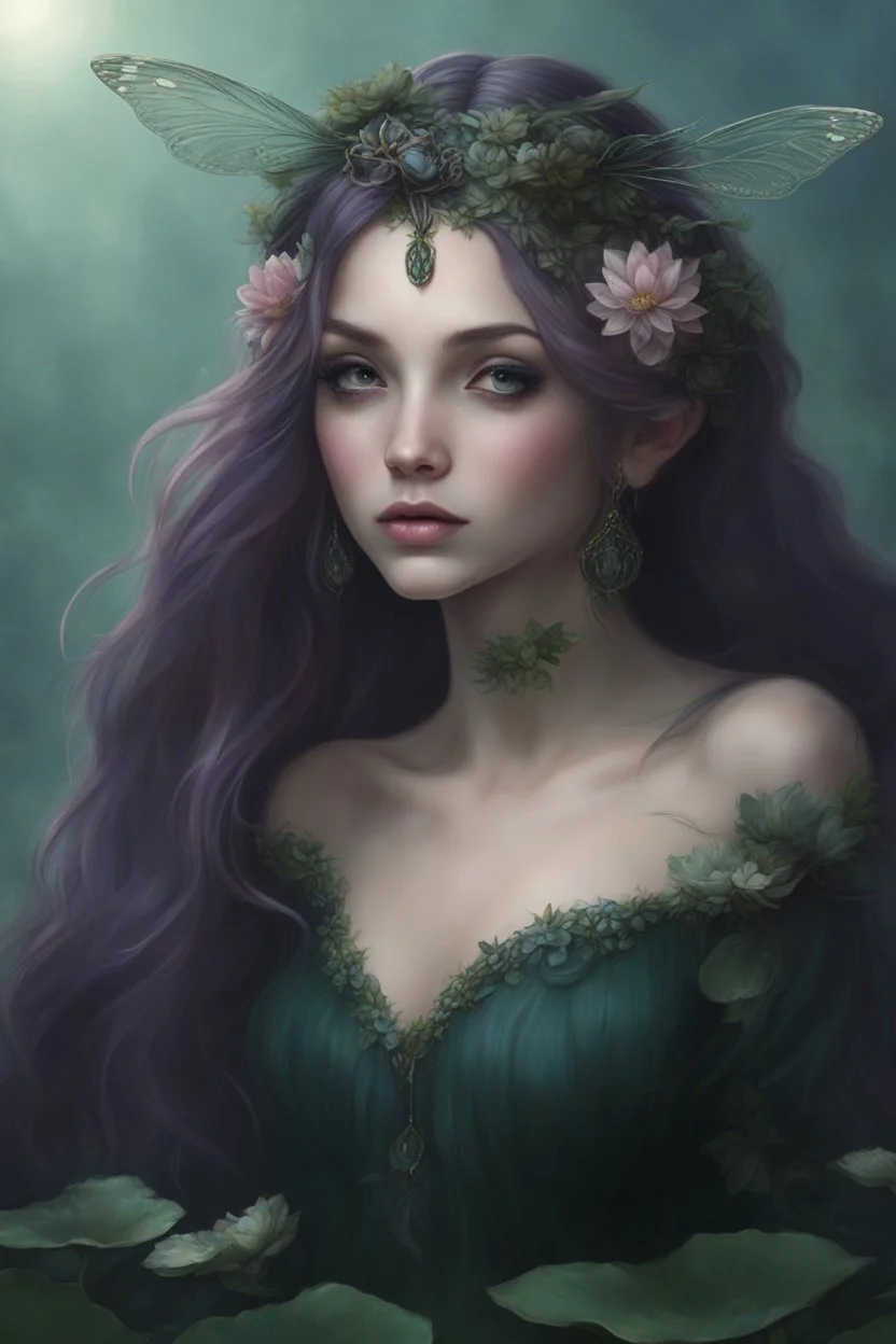 Dark blue hair, Water lilies long hair lotus night Fairy princess rapunzel hair queen crown dragonflies fireflies elven tiara flowers fairy wings gothic dark blue