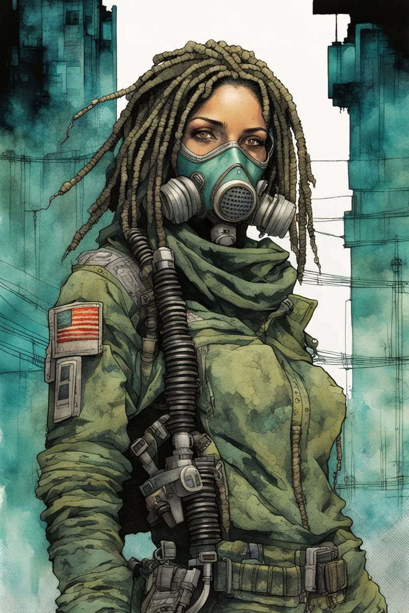 front facing full length portrait illustration of a grunge armored female with beaded dreadlock hair cyberpunk vampire mercenary with gas mask, telecommunications headset, and shemagh, highly detailed with gritty post apocalyptic textures, toxic irradiated landscape, finely detailed facial features and hair, in the graphic novel style of Bill Sienkiewicz, and Jean Giraud Moebius, ink wash and watercolor with realistic light and shadow