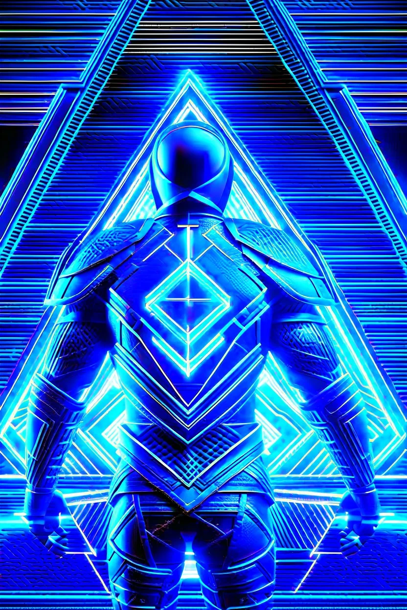 neon blue, floating triangle of light orbiting behind the back, cyber armor, geometric patterns on armor, male, orbiting triangle