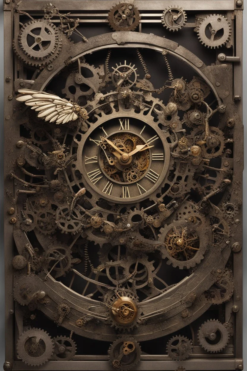 steampunk clock surrounded by cogs and springs, metal insects with wings