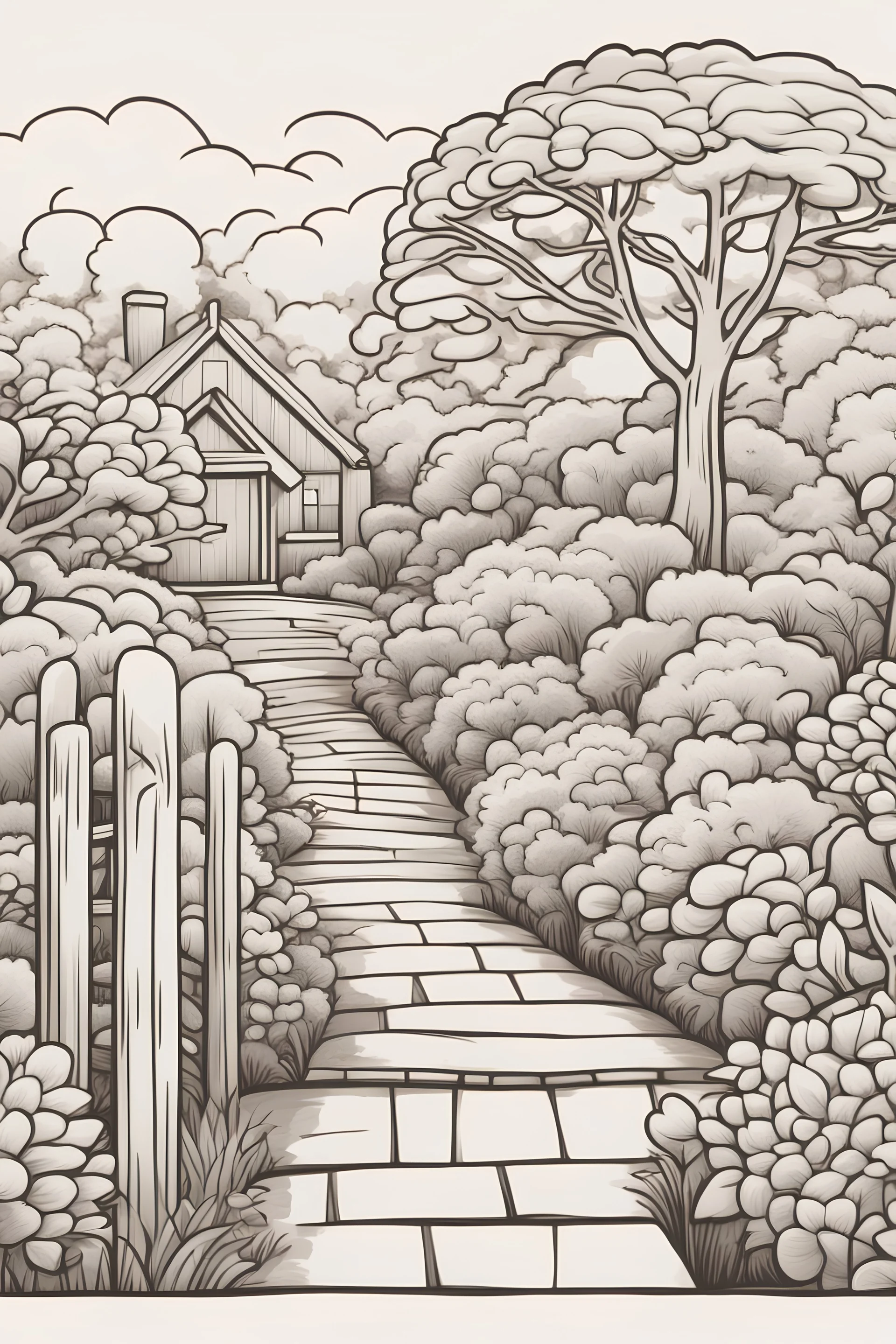 Subject: A serene garden scene with a small winding path leading to a quaint wooden bench. Style: Cartoon illustration with a focus on bold lines and simplified forms. Details: Create a detailed line art illustration of the garden scene described above. Use thick, black lines to outline the various elements of the scene, making it easy to color within the lines. Simplify the shapes and forms of the flowers, trees, and koi fish, making them suitable for coloring by adults or children. Avoid us