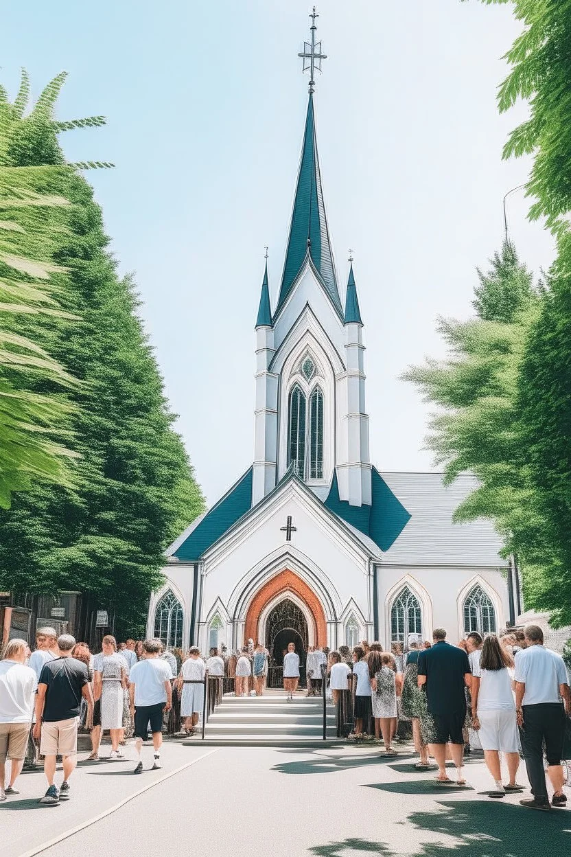 quintessential church with steeple with people walking out of it with the a large marquee