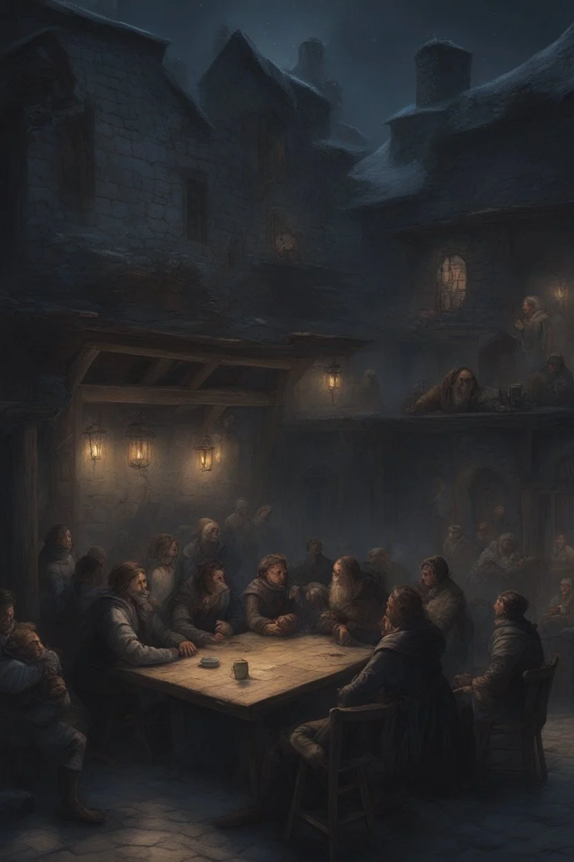 Winter Night, shades of blue, dark, moonlight Lots of People sitting around tables in a medieval tavern with a stone floor, add people to the chairs. Night time, dark, stars