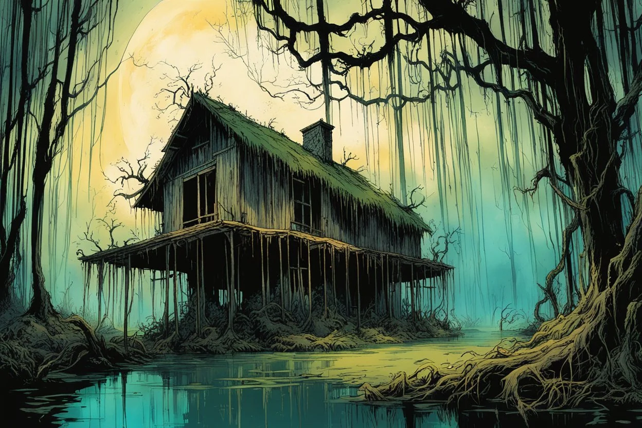 A ramshackle witches shack in a dark cypress swamp overhung with long tendrils of Spanish moss , in the comic book style of , Bill Sienkiewicz, , Alex Pardee , and Jean Giraud Moebius, muted natural color, sharp focus, ethereal , dark and foreboding