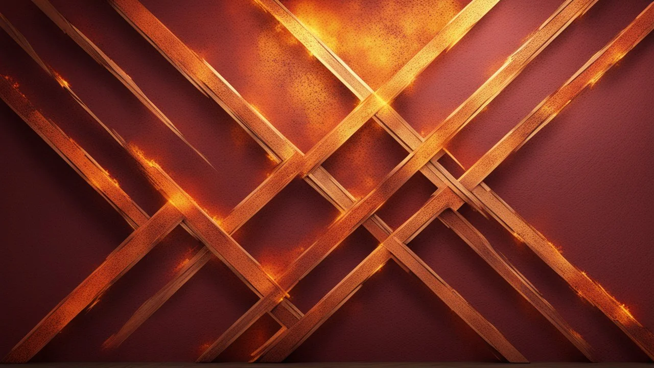 Hyper Realistic Glowing-Golden-Diagonal-Intersecting-Lines on rustic-orange-&-maroon wall with embers