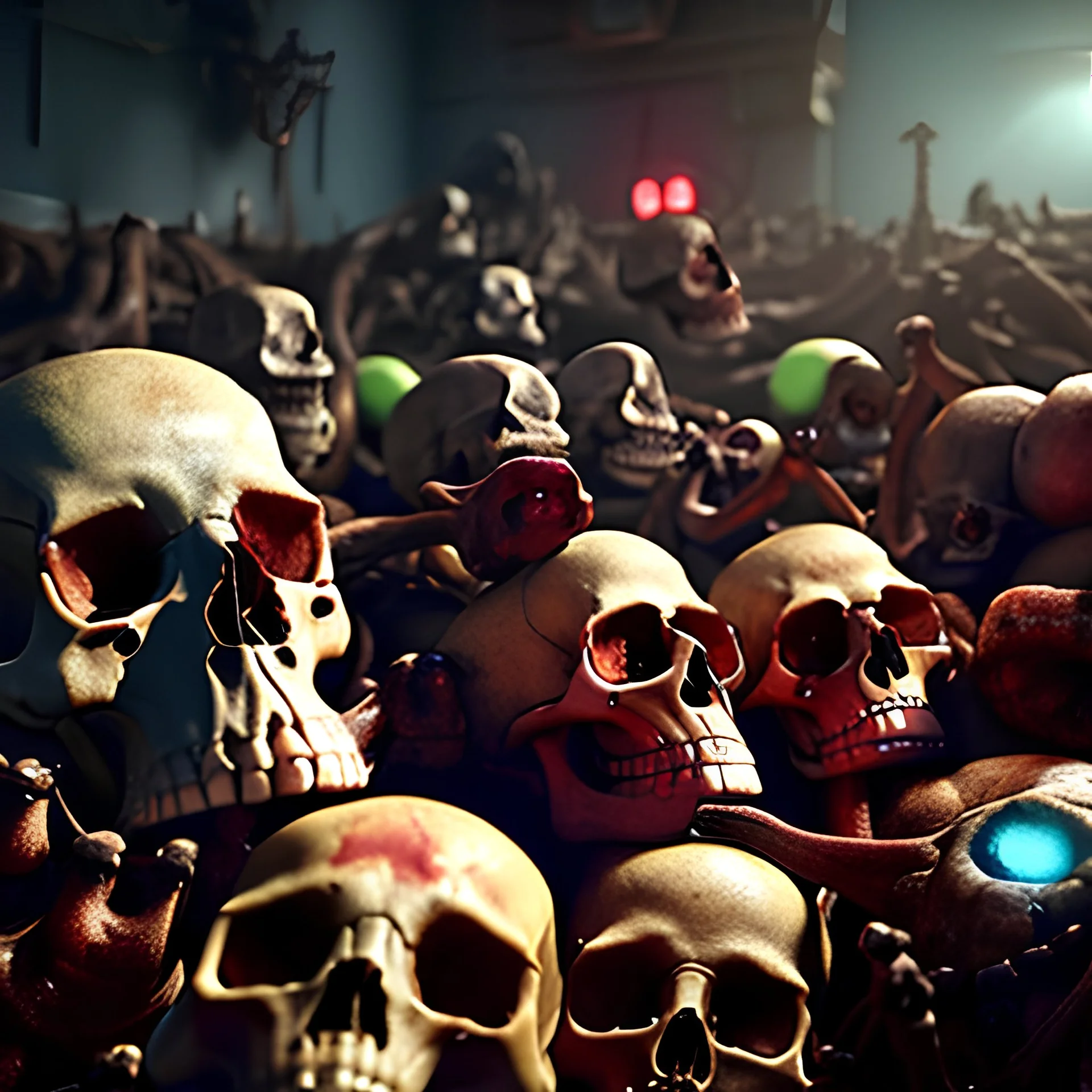 a picture of a dark, comedic, anatomically correct wall of colorful tightly packed stacked skulls of varying sizes and expressions, photo realistic, insanely meticulous, highly detailed, part of a collection of bones on display, 64k, dystopian, vray