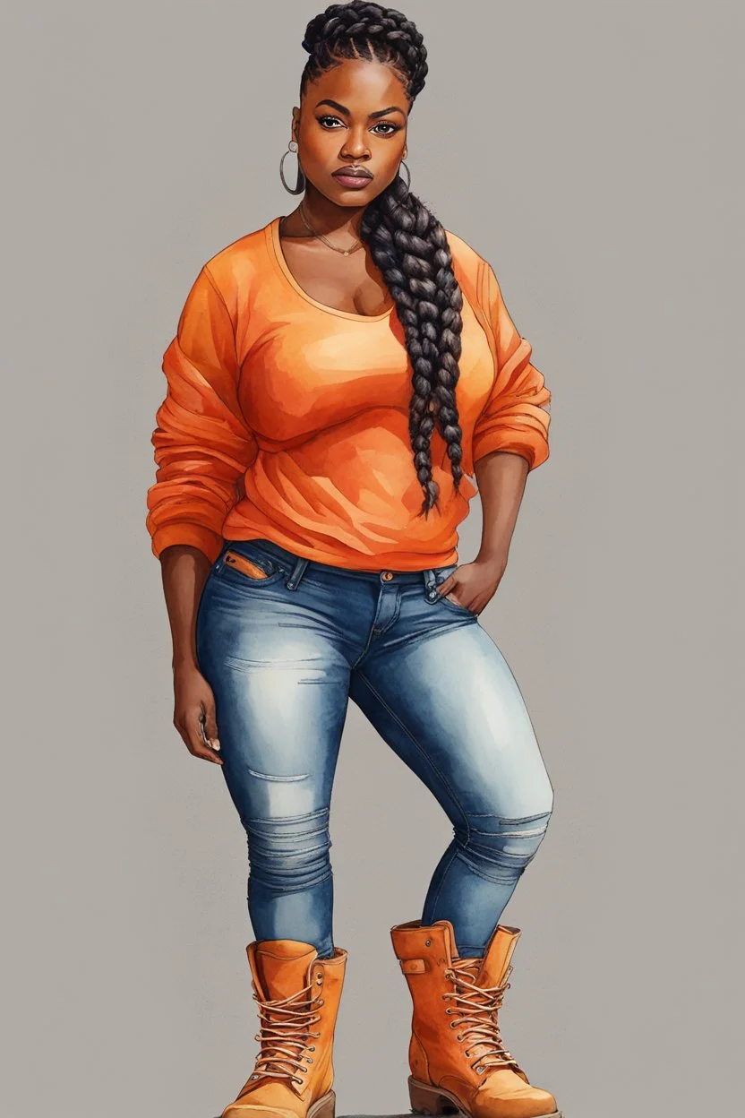 Create a watercolor image of a curvy black female wearing tight cut up jeans and a orange tshirt with timberland boots. Prominent make up with hazel eyes. Highly detail two cornrows going down her head.