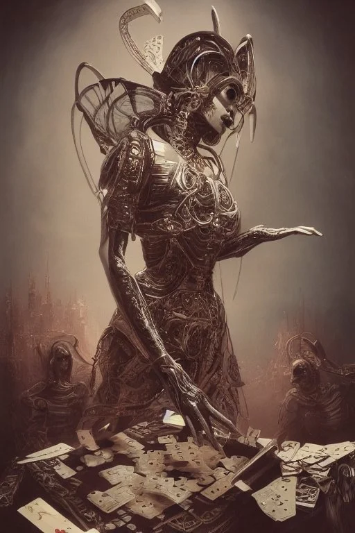 A harlequin character, playing cards with other people , sf, intricate artwork masterpiece, ominous, matte painting movie poster, golden ratio, trending on cgsociety, intricate, epic, trending on artstation, by artgerm, h. r. giger and beksinski, highly detailed, vibrant, production cinematic character render, ultra high quality model