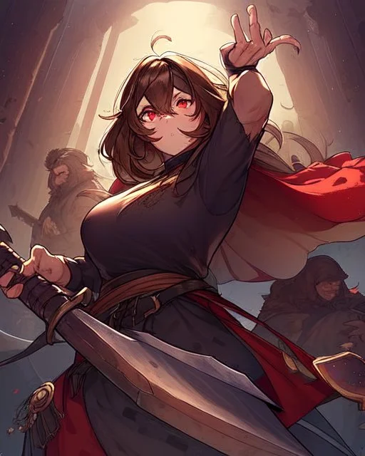 Wide brown hair, freckles on her face, a tall girl, has a battle axe, wears purple and black men's battle clothes, red eyes with bangs covering her eyes