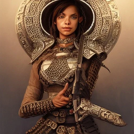 portrait,"Insanely detailed photograph of an armored mariachi warrior with sword", intricate chainmail charo,detailed Sombrero, intricate D20 buttons, digital painting, artstation, concept art, smooth, sharp focus, illustration, art by artgerm and greg rutkowski and alphonse mucha, 8 k