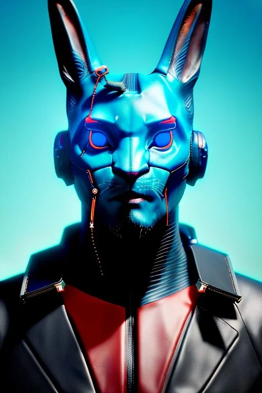 Medium Close Up Portrait, Front image. cyberpunk, rabbit mask, irish man, black hair. latex suit. blue, red, color. Ghost in the shell style. Color background, photo studio. Avatar image, highly detailed, concept art, smooth, unreal engine 5, god rays, ray tracing, RTX, lumen lighting, ultra detail, volumetric lighting, 3d, finely drawn, high definition, high resolution.