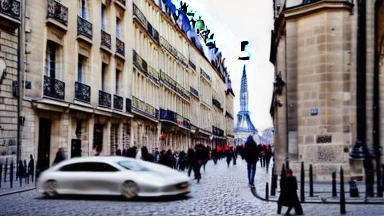 A Tesla's 'Model S Plaid' is racing at top speed, by the Notre-Dame Cathedral, in Paris. CINEMATIC. WIDE ANGLE LENS. PHOTO REAL.