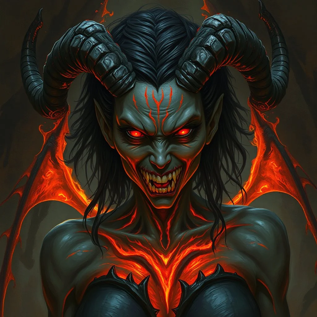 A female eldritch horror being, skin like obsidian with streaks of magma shining through, coal-black hair, rows of sharp white teeth, long flaming horns, greg rutkowski, intricate details, cave setting