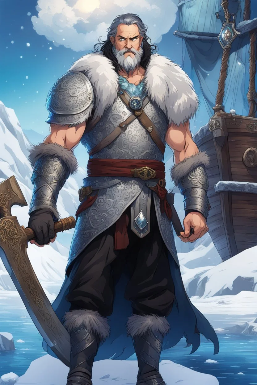 in anime style,1older man, a older man with blue eyes and black hair man in silver Viking armor with fur around the neck with blue crystal on his chest holding an axe in his hands standing on a pirate ship in the artic, warrior in anime style,