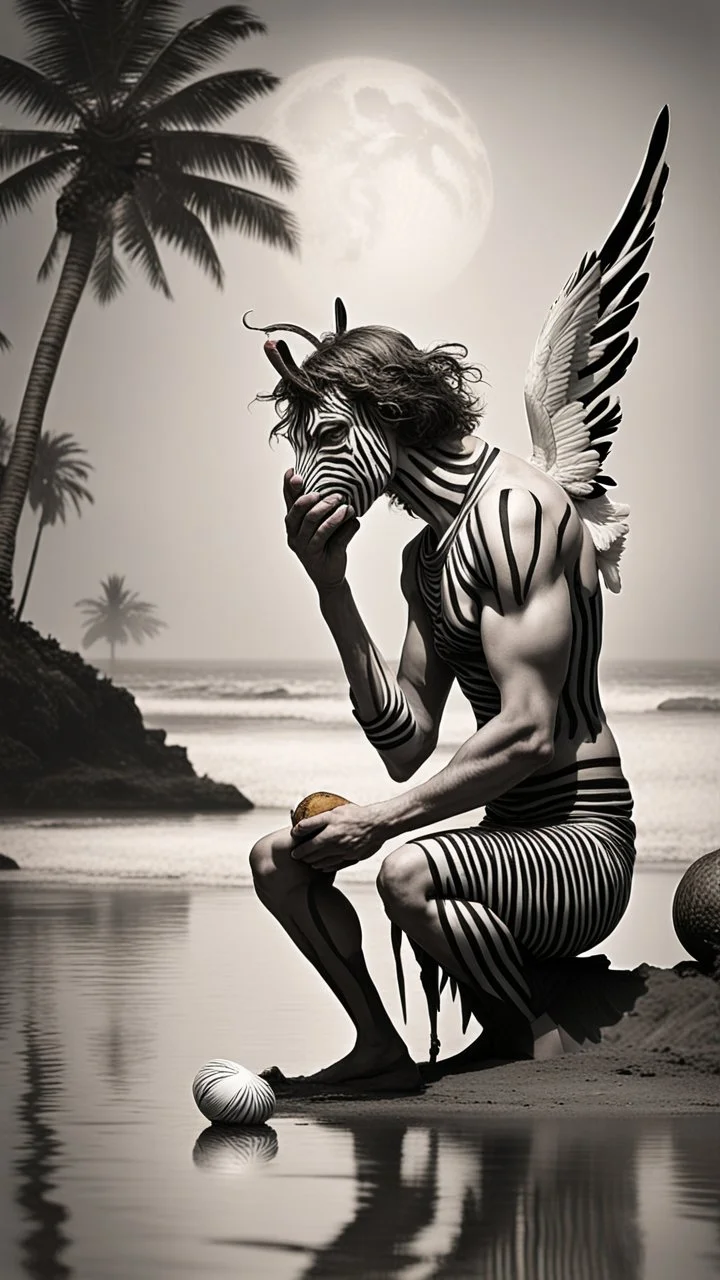 Charon on his knees on the shore holding coconut wearing crying angel zebra holding his head