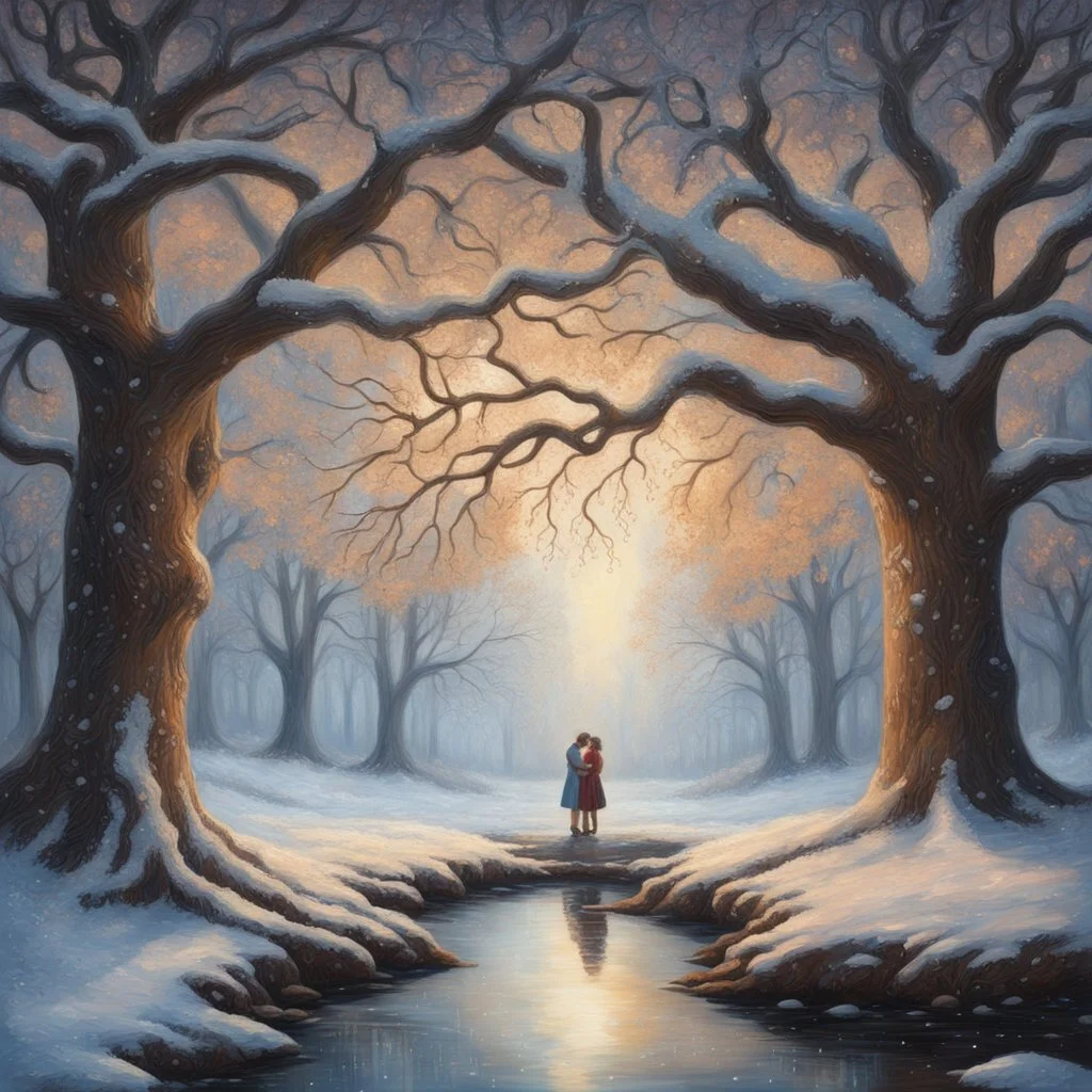 acrylic painting of a young couple kissing centered under an impressive, frosted remarkable old oak tree, while glowing hearts rain down on them from the oak tree. In a beautiful winter landscape by a stream, very detailed, in the style of atmospheric tonalism. Elegant, intricate, 4k, mood lighting, a gravelled forest path leads through the countryside surrounded by snow-dusted ferns, mosses and tendrils. oil on panel, contemporary impressionism