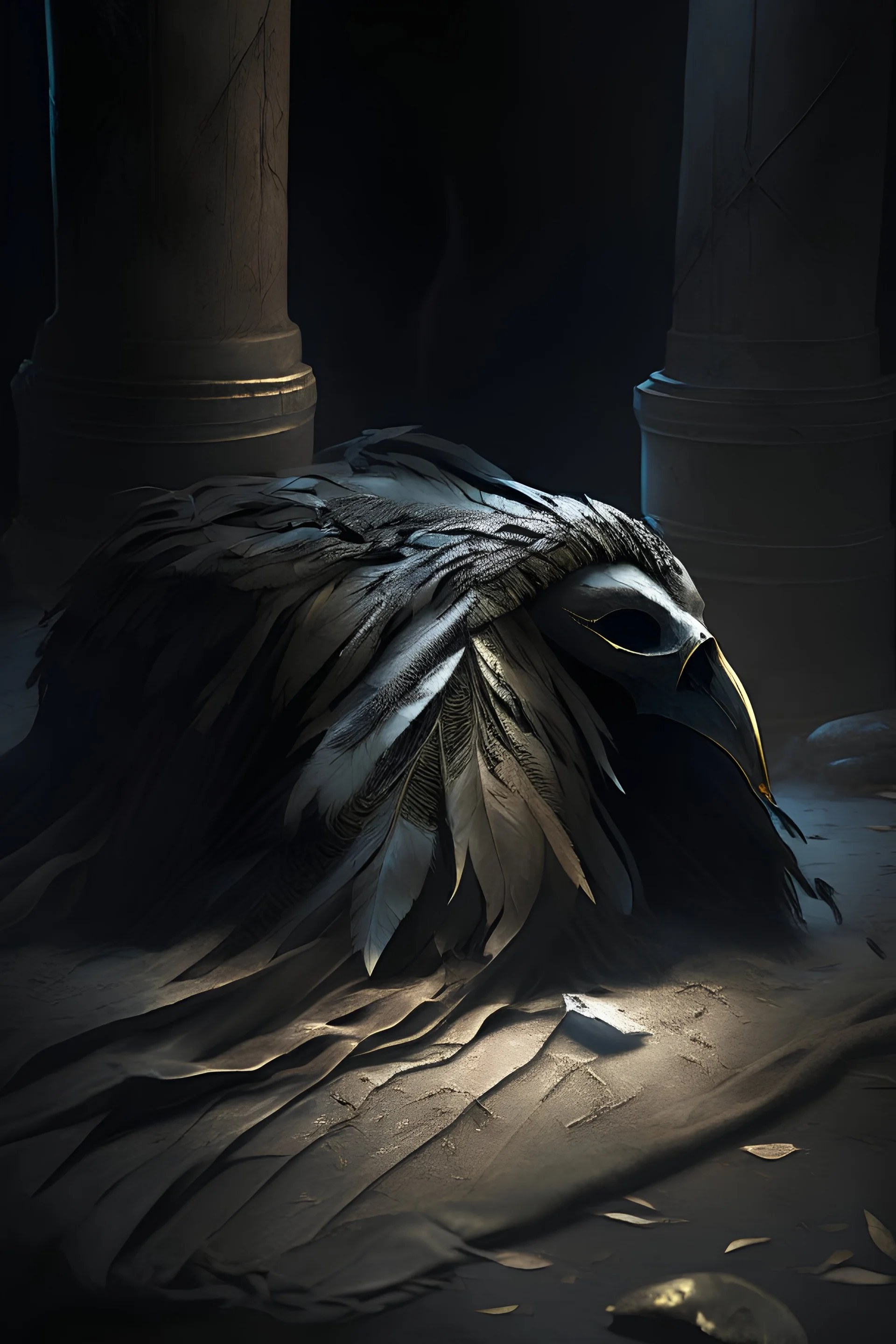 ((An ancient relic from a longlost civilization preserved for centuries in wrappings of delicate linen a mummy lies silently in its tomb its body desiccated and shriveled its oncevibrant features now frozen forever in time)), dark and moody, with intense contrast and warmly lit eyes that give a hint of hope, detailed feathers, Digital painting, Artstation, Matte, Sharp focus, Illustration, Art by loish and ross tran and artgerm, Trending on deviantart.