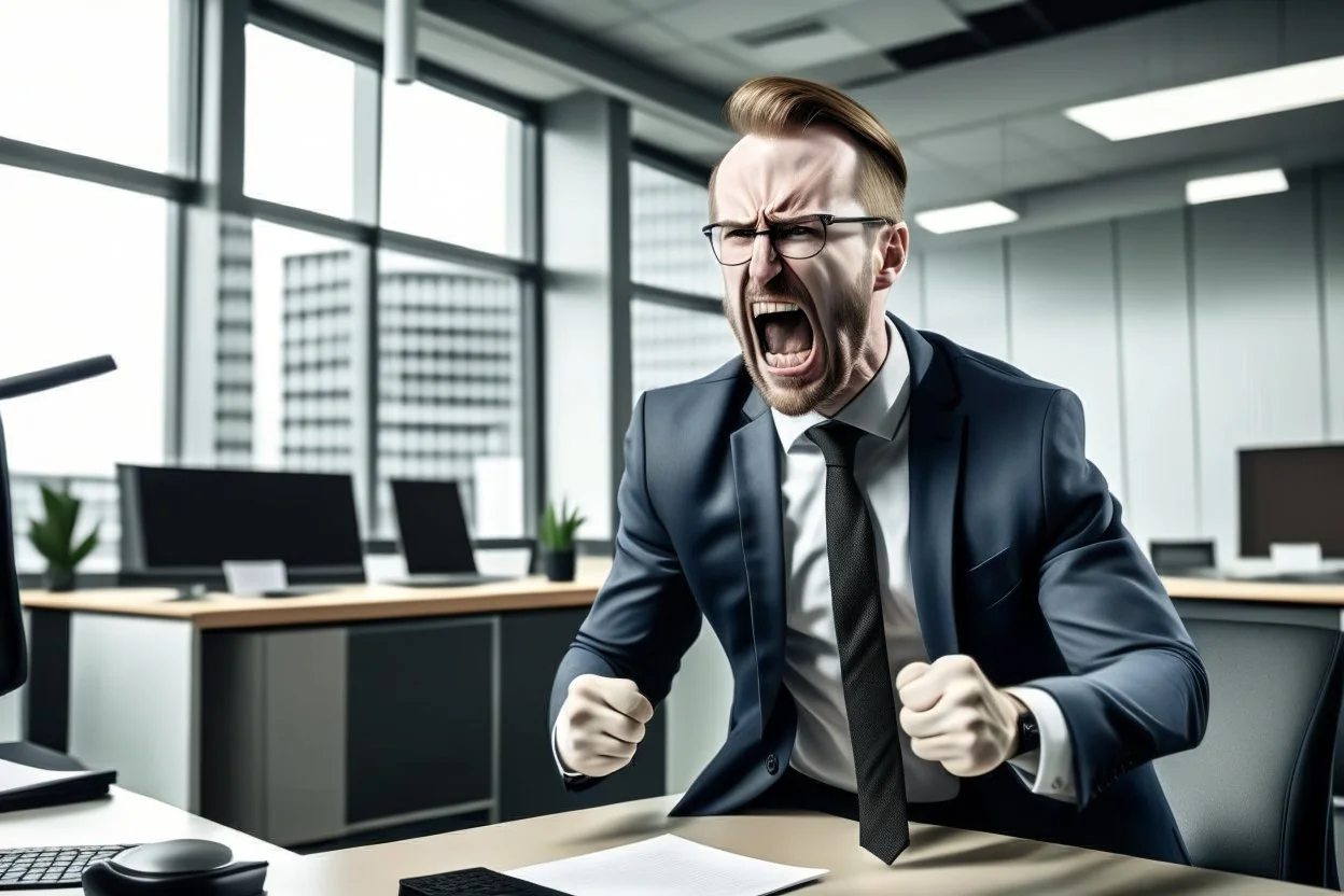 corporate man in office i screaming at employees. Swedish looks. Sign with the text ICA in the background.