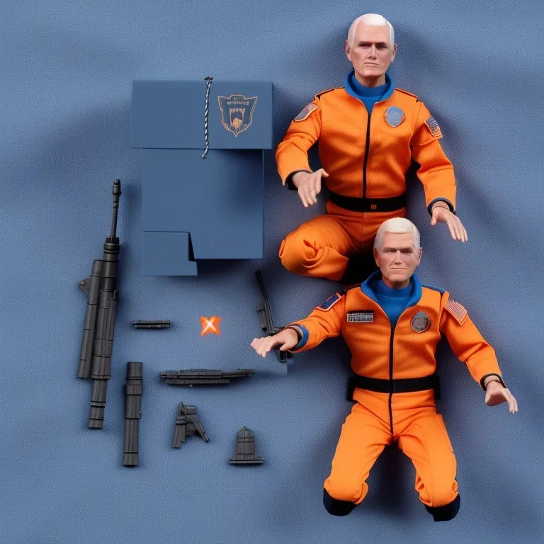 a large pile of face Mike Pence G.I. Joe toy Doll spaceforce uniform, orange blue fabric, pistol, wall packaging for sale, bright pricetag, finger, empty box