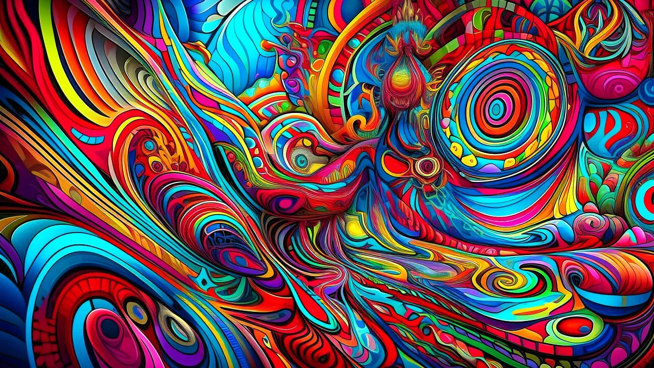 Arte abstracto en un estilo psicodélico, con colores vivos y patrones intrincados.