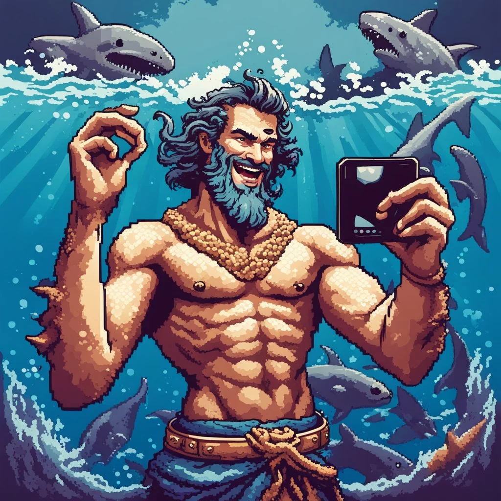 the sea god Poseidon, taking selfie with sharks, smiling, retro pixel art, detailed,