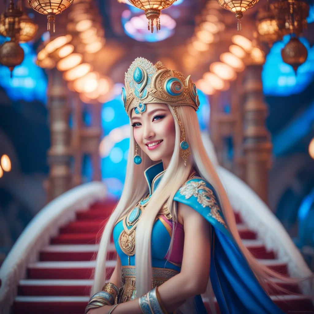 (masterpiece, best quality, 8k, RAW photo, beautiful and aesthetic:1.2), complex detail, Indirect light, photorealistic, (((full body))), 2 Gorgeous Cosmic russian asian goddess smiling, long curved blonde hair, blue eyes, Mixed, sci-fi and traditional russian outfit with white furs and chapka, colorfull Sci-Fi environment