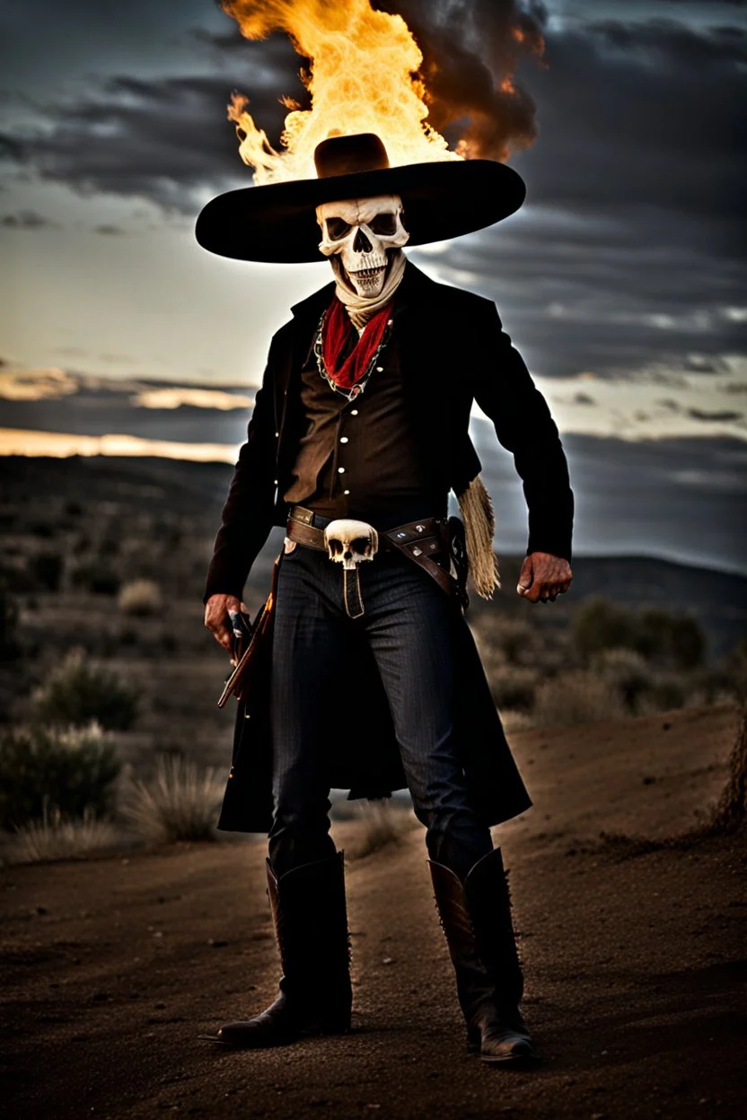 Cowboy with a flaming skull instead of a head, photograph