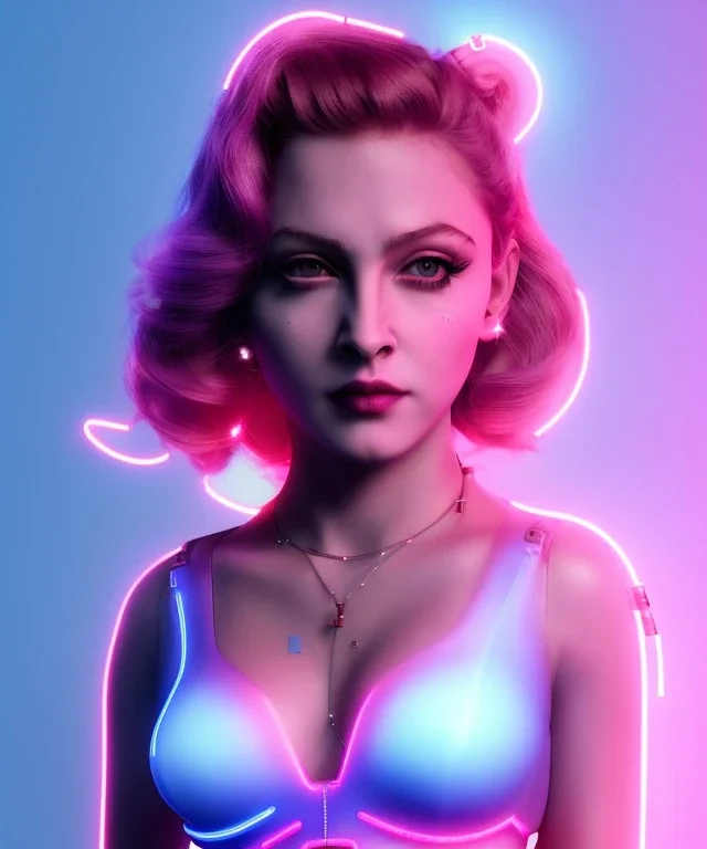 Artist, young madonna, android woman, glow iris, sweet, blonde, white skin, long eyeliner, pink cheeks, purpurin make up, glossy lips, color leds lights, cables, short hair, circuits, cyberpunk, latex coat, cyber punk, neon, portrait, studio photo, unreal engine 5, soft color, 16 bit, god lights, ray tracing, RTX, lumen lighting, ultra deatail, volumetric lighting, 3d, finely drawn, hd.