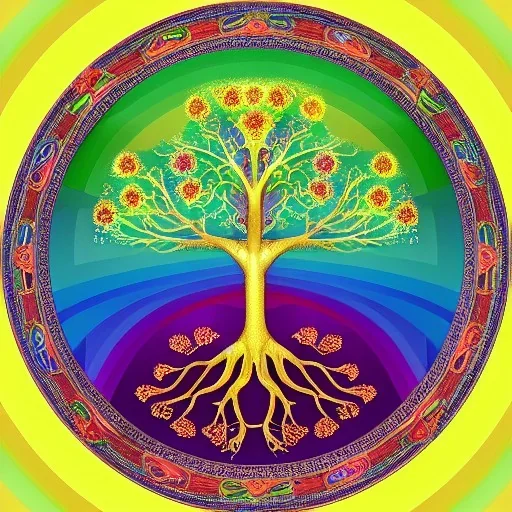 Tree of life in a circular masterpiece, ornate, elaborate, muted rainbow colors as background, Tree of Life, centered, stunning, gorgeous, ultra-fine detail, 8k, sharp, crisp, decorative, high-quality, 3d, photoillustrative, realistic, detailed matte, selina french, anna dittmann, lisa parker, greg rutowski