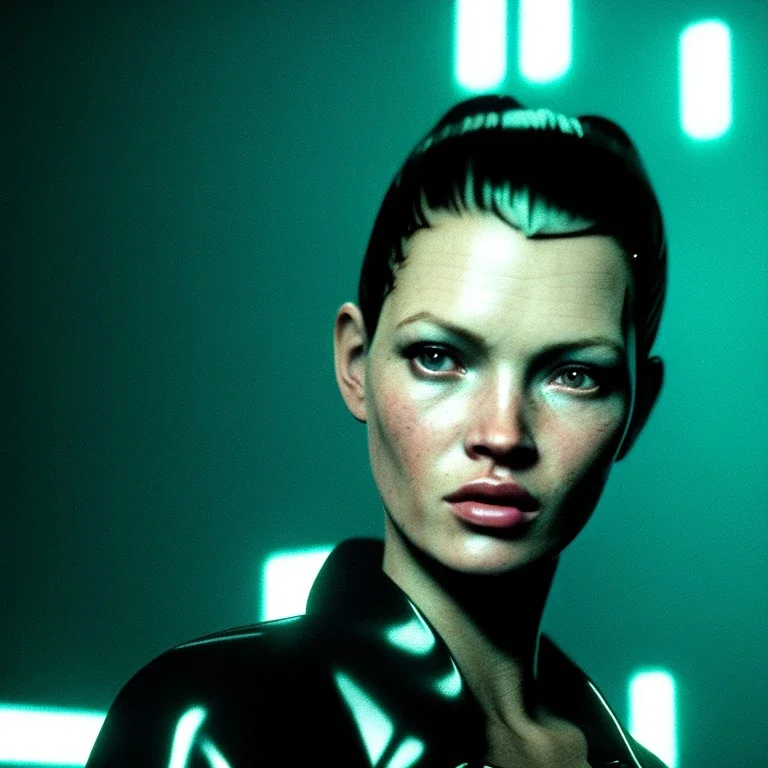 young kate moss, sweet blonde replicant woman, blade runner style, rain, fog, neon ambient, gradient color, clean skin, circuits, latex coat, cyber punk, neon, tubes, portrait, studio photo, unreal engine 5, smooth color, 16 bit, god lights, ray tracing, RTX, lumen lighting, ultra deatail, volumetric lighting, 3d, finely drawn, hd.