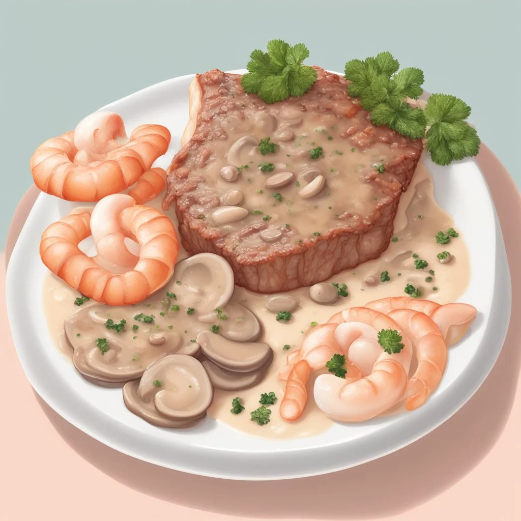 delicious baked steak with mushroom sauce and seafood. illustration 3d style. HD. soft pastel color