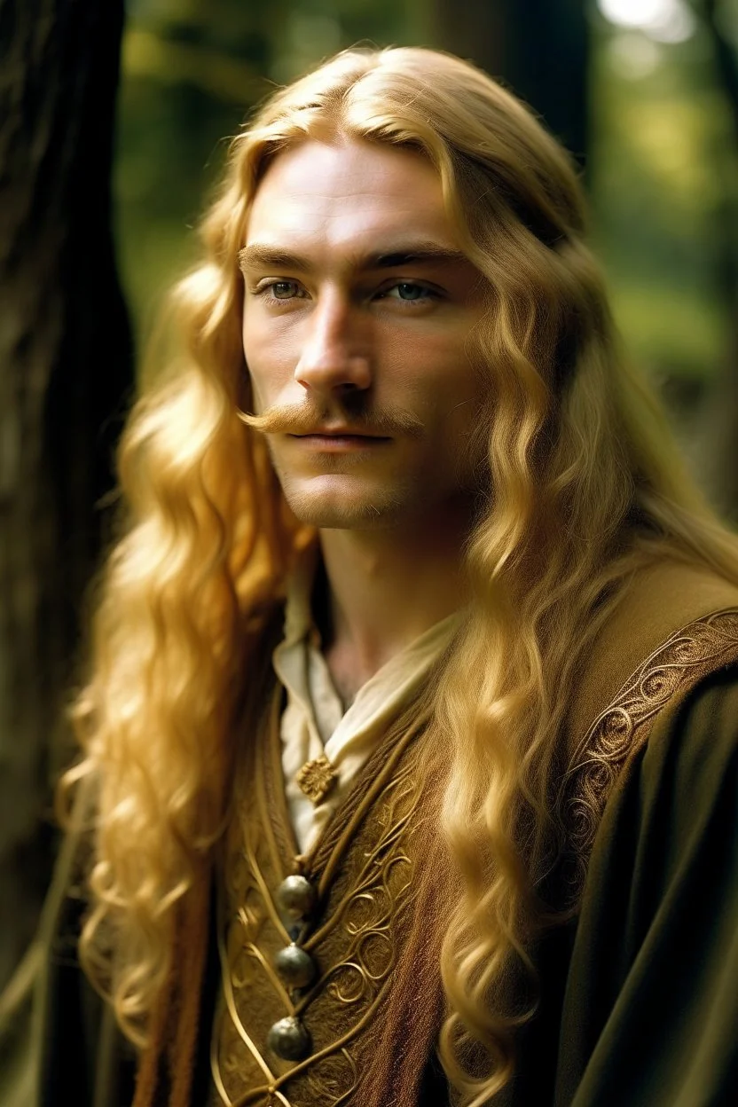 A young serene Lord Of The Rings like man with long golden hair that cascades gracefully. A short beard. His open eyes, with blind pupils, reflect a depth of wisdom and inner peace. A gentle smile graces his face, adding warmth to his tranquil demeanor.