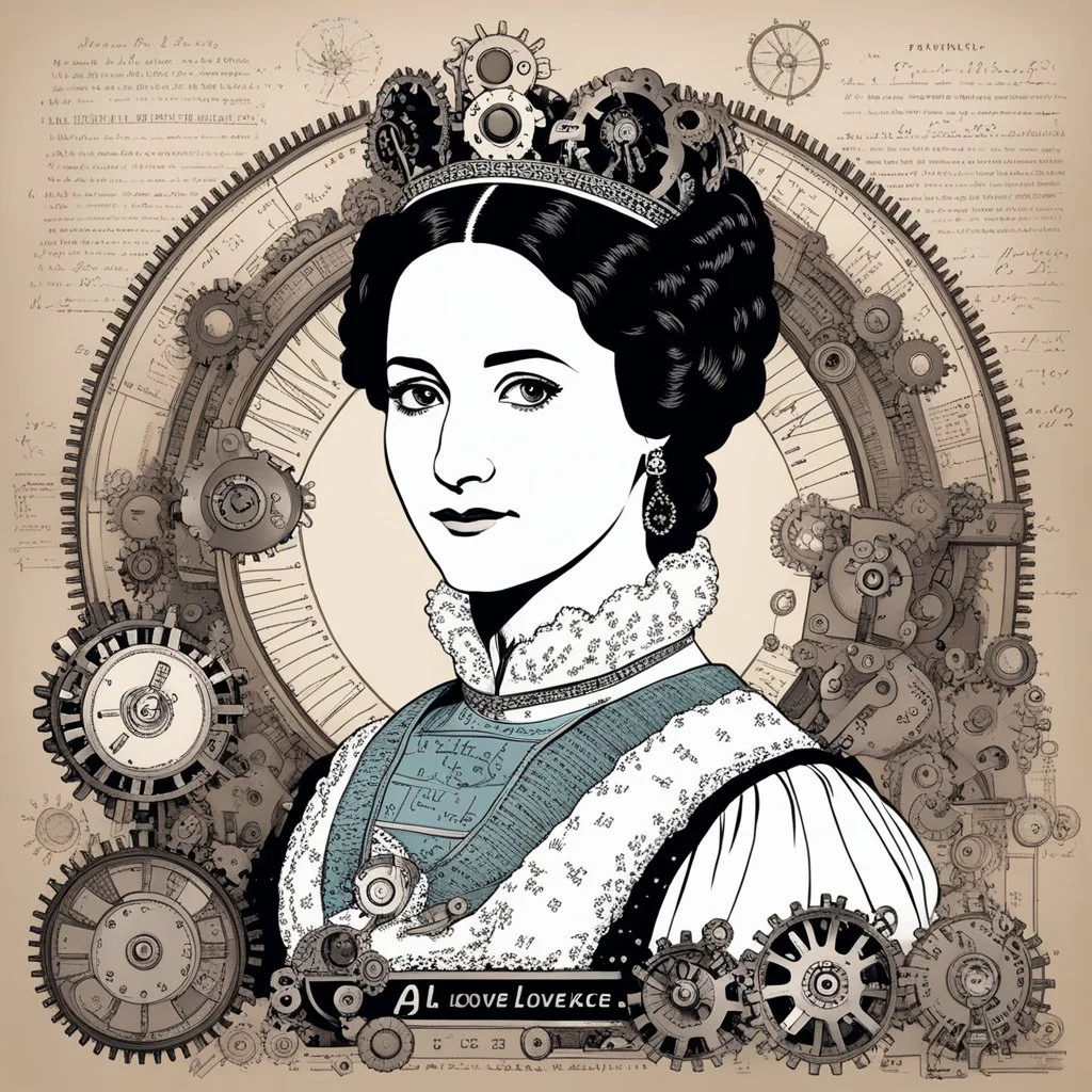 Ada Lovelace as the queen of mechanical computer programming with a lot of gears and mathematical formulas