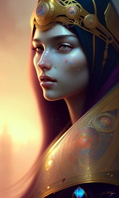 Arab princess , cute, beautiful, long hair, wavy hair, black eyes, head and shoulders portrait, 8k resolution concept art portrait by Greg Rutkowski, Artgerm, WLOP, Alphonse Mucha dynamic lighting hyperdetailed intricately detailed