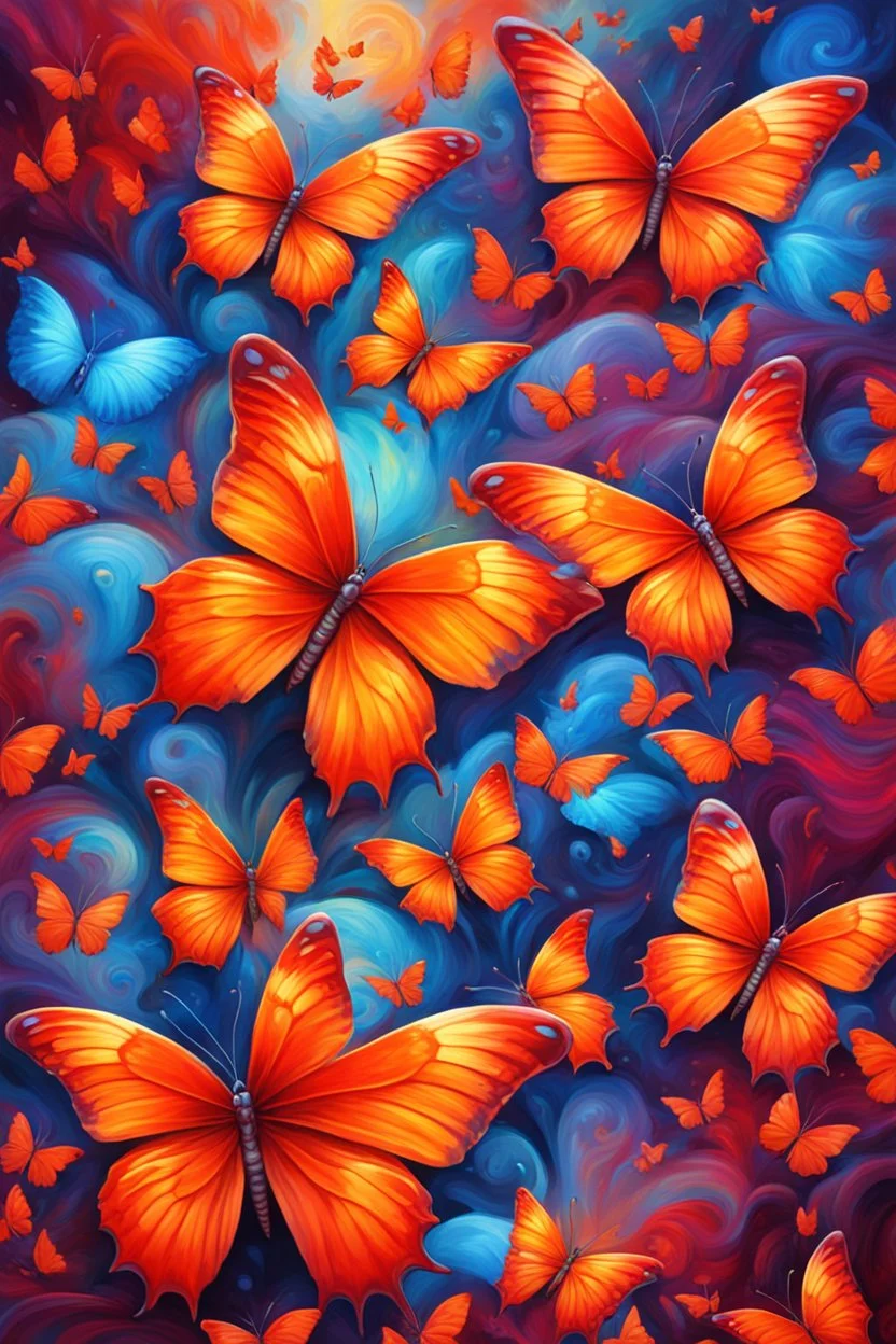 vibrant psychedelic oil painting image, airbrush, 64k, cartoon art image of background ORANGE and RED BUTTERFLIES , futurism style