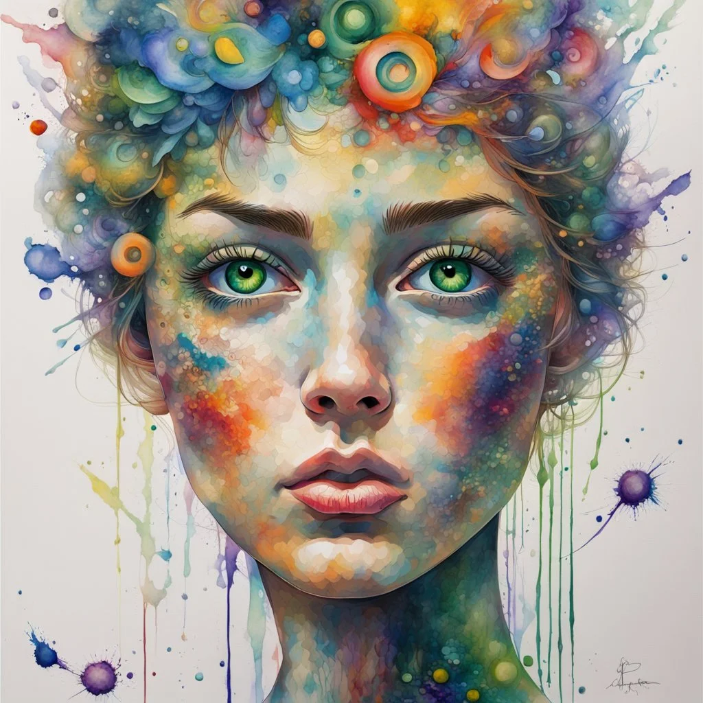 highly detailed, intricate, and vivid abstract art portrait of a young woman with fair skin, gazing directly forward with intense green eyes. Her face is intricately painted with a watercolor effect using a complex fusion of various colors such as blues, reds, yellows, greens, and purples, giving the impression of an explosion of color. The colors bleed into each other fluidly, creating an abstract and dreamlike quality that covers her entire face and hair. The portrait also features elements o
