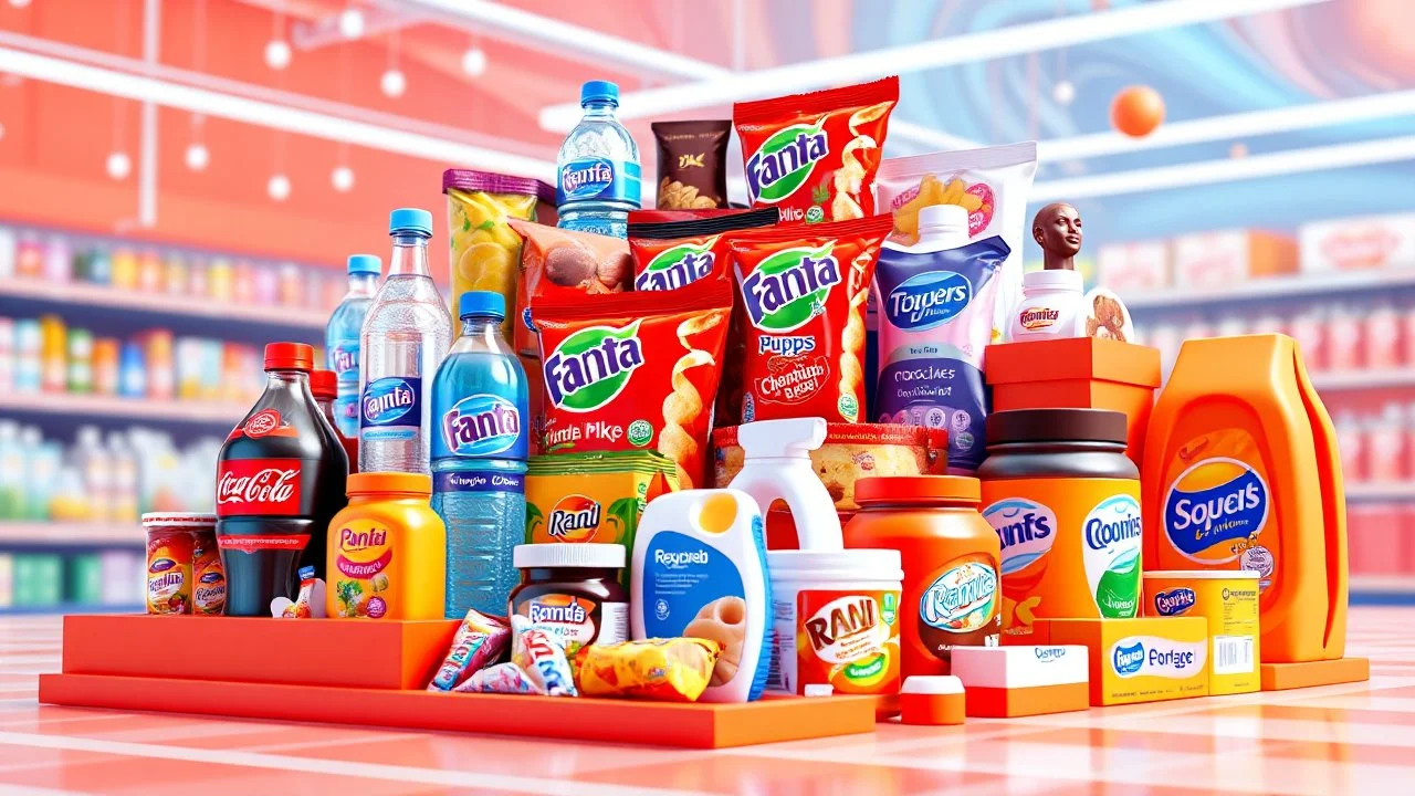 A 3D design of supermarket items such as Coca-Cola, Fanta, mineral water, chocolate, packaged cakes, chips, puffs, Nutella, Rani, candy, shampoo, detergent, soda, ice cream, cheese, cream and butter with an orange, red and blue and white color theme in a special psychedelic space.